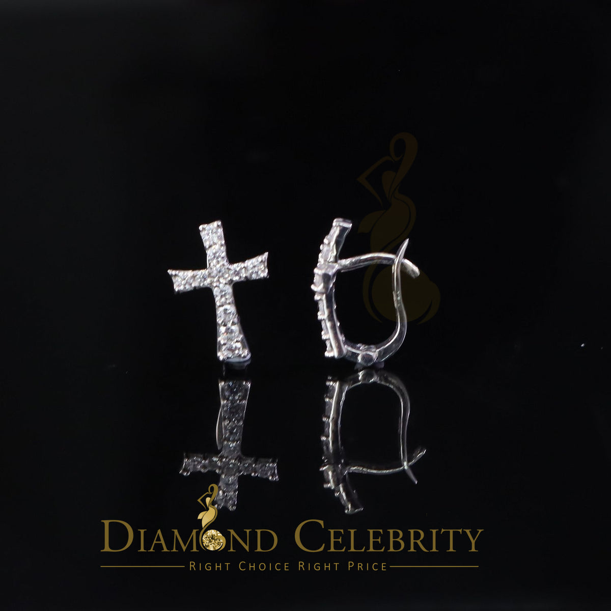DiamondCelebritees Moissanite Stone 925 Silver Round Yellow Hip Hop Cross Stud Earring Men's/Womens