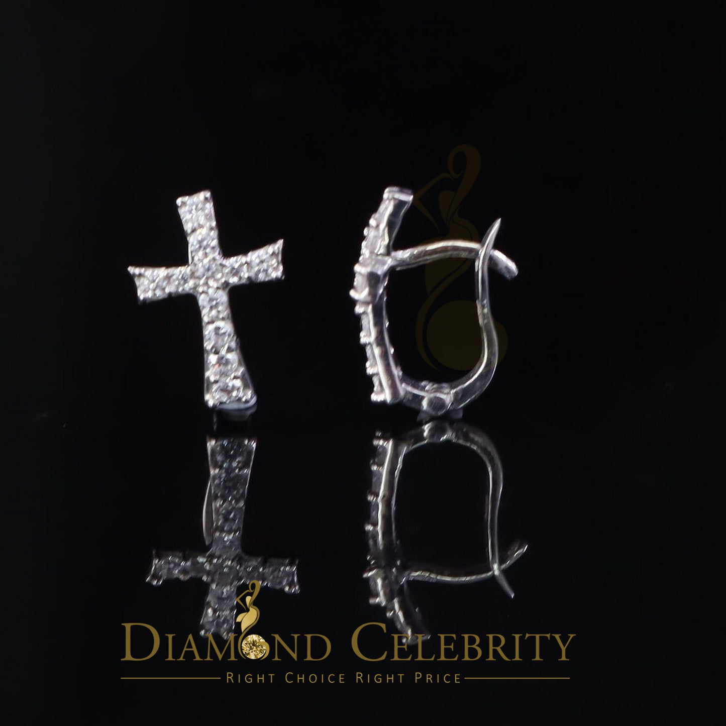 DiamondCelebritees Moissanite Stone 925 Silver Round Yellow Hip Hop Cross Stud Earring Men's/Womens