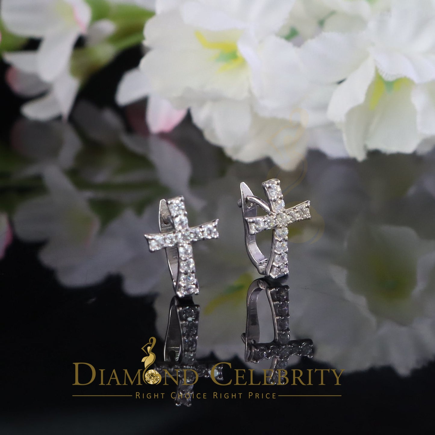 DiamondCelebritees Moissanite Stone 925 Silver Round Yellow Hip Hop Cross Stud Earring Men's/Womens