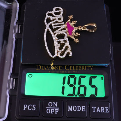 Diamondcelebritees 3ct Real Moissanite 925 "Silver PRINCESS" with Pink Enamel CROWN Yellow Pendant