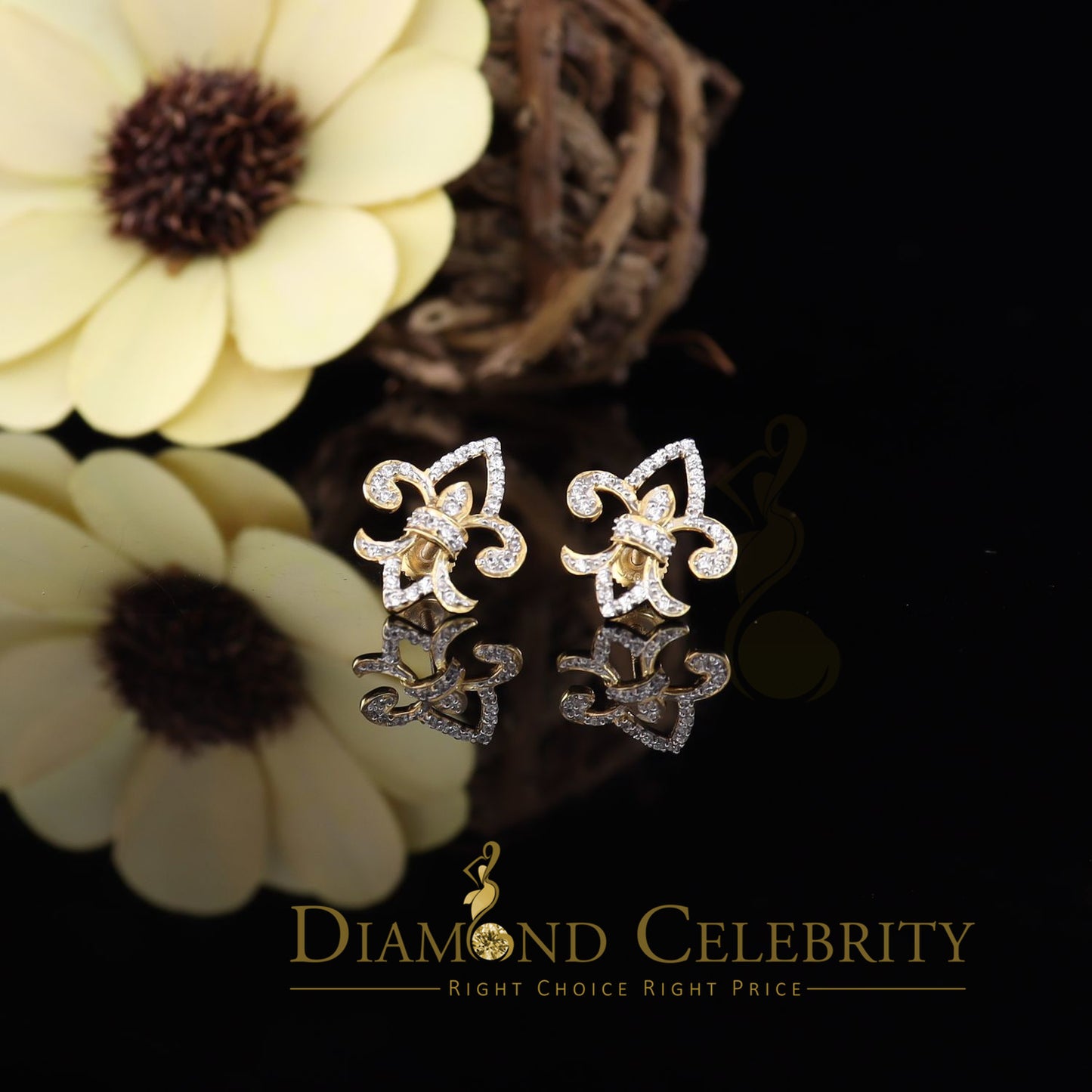 DiamondCelebritees  925 Yellow Silver 0.60ct Cubic Zirconia Fleur de Lis Screw Back Women's Earrings