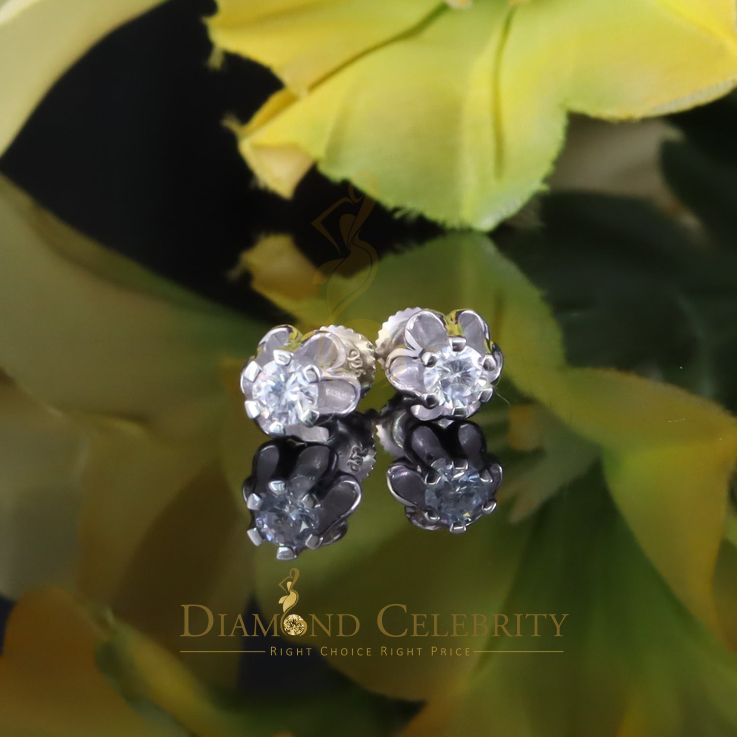 DiamondCelebritees  0.25ct 925 Silver Cubic Zirconia White Round Shape Buttercup Stud Earrings Women
