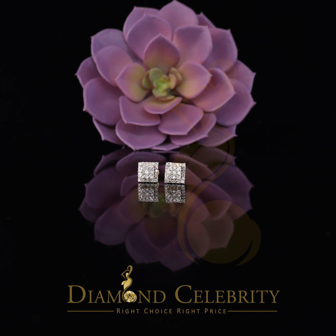 DiamondCelebritees 0.75 CT Real Diamond with 10K Real Yellow Gold Square Stud Earrings