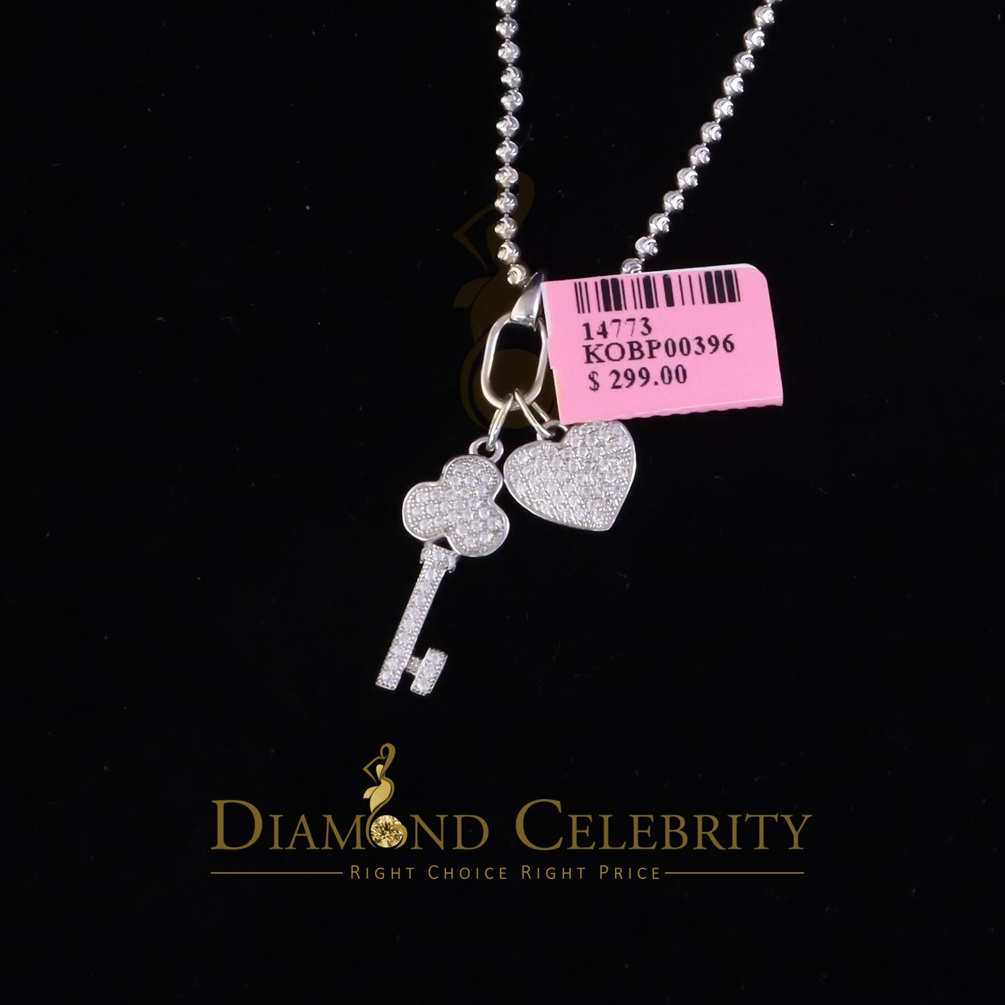 DiamondCelebritees Womens Heart Key White Sterling Silver Shape Pendant with 0.50ct Cubic Zirconia