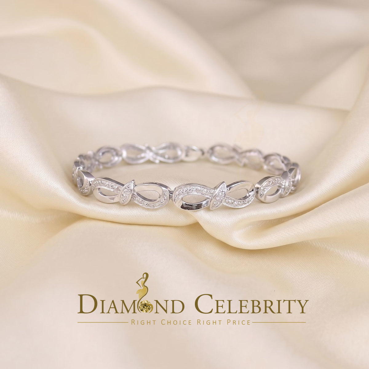 Diamondcelebritees 925 Sterling Silver Infinity Style 0.15CT Real Diamond Bracelet Size 7.5 Inch