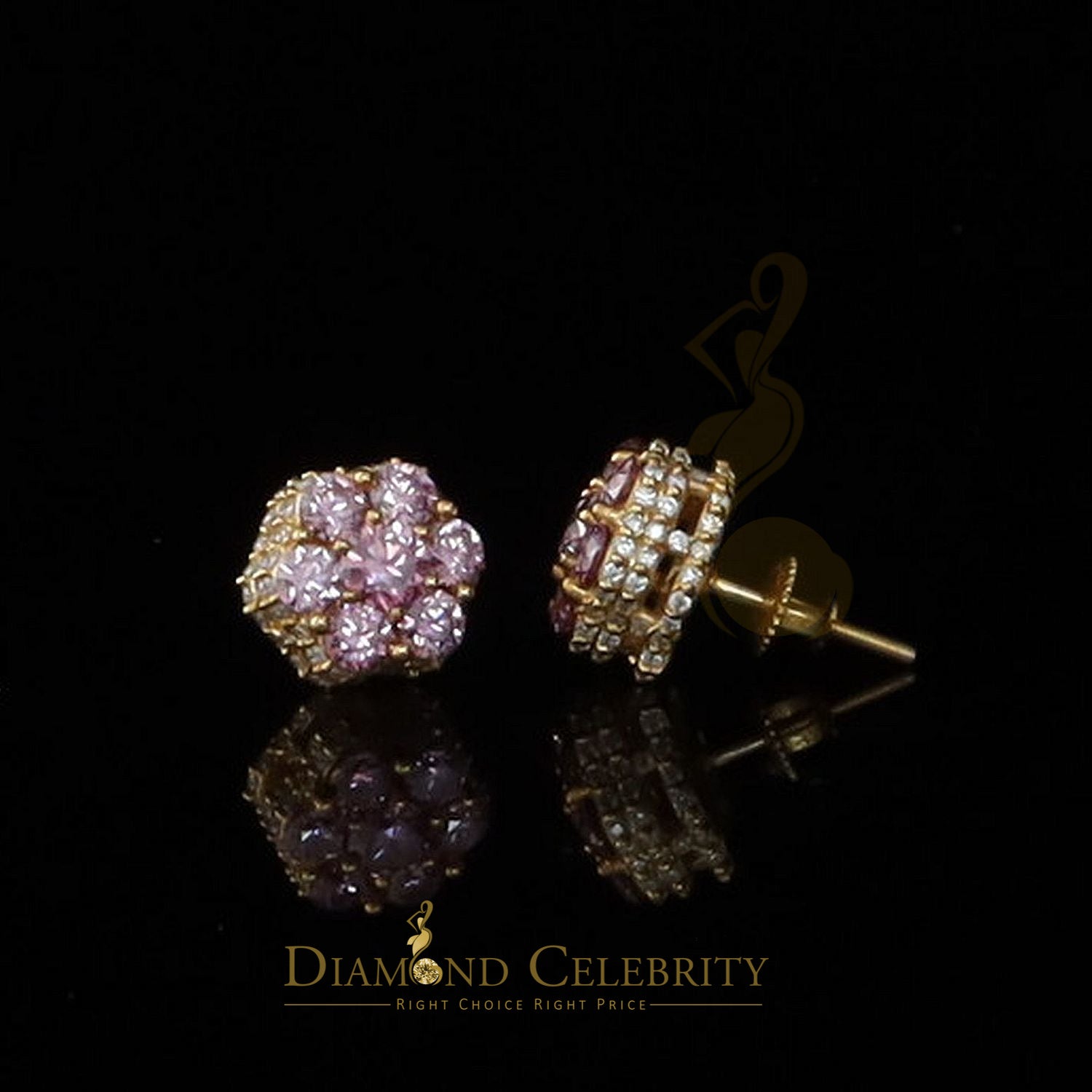 DiamondCelebritees Women's 925 Silver Yellow 2.50ct VVS 'D' Pink Moissanite Floral Stud Earrings