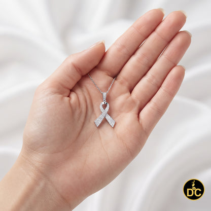DiamondCelebritees 925 Silver White Clear 0.50ct CZ Hope Ribbon Pendant for Breast Cancer Support