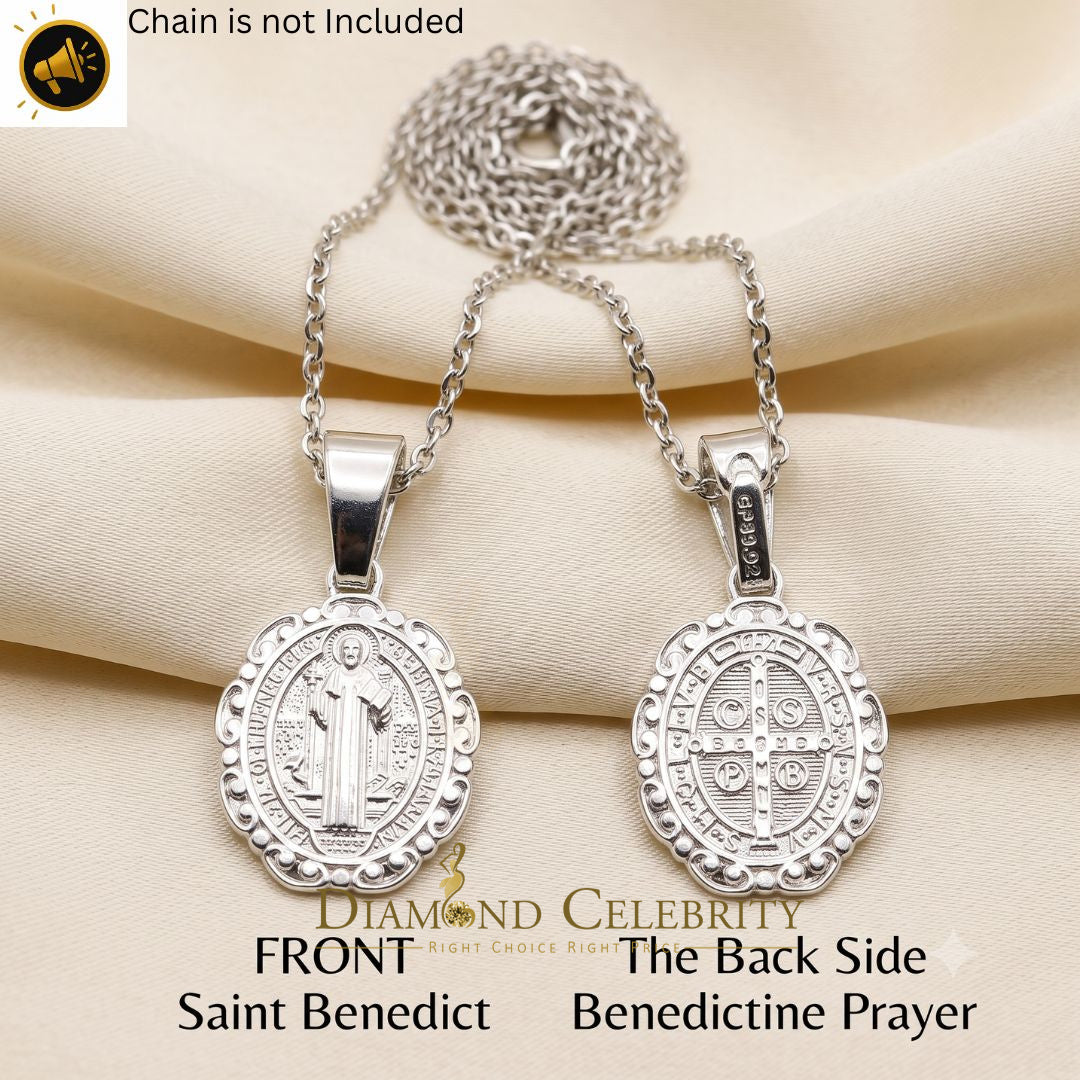 DiamondCelebritees 925 Sterling Silver Double Side Oval Benedict Men/Women Pendant White Religious