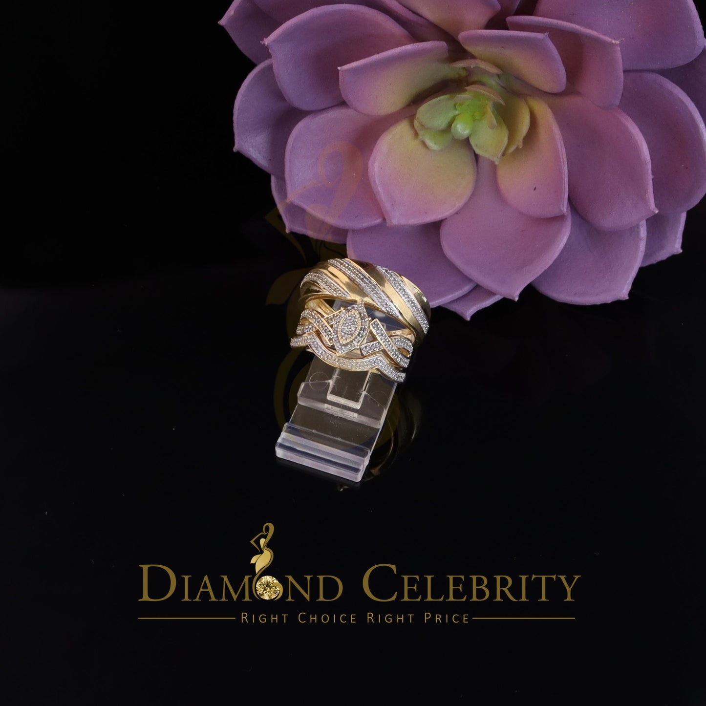 DiamondCelebritees 0.33CT Real Diamond Men's SZ 10 & Women's SZ 7 Trio Sterling Silver Yellow Ring
