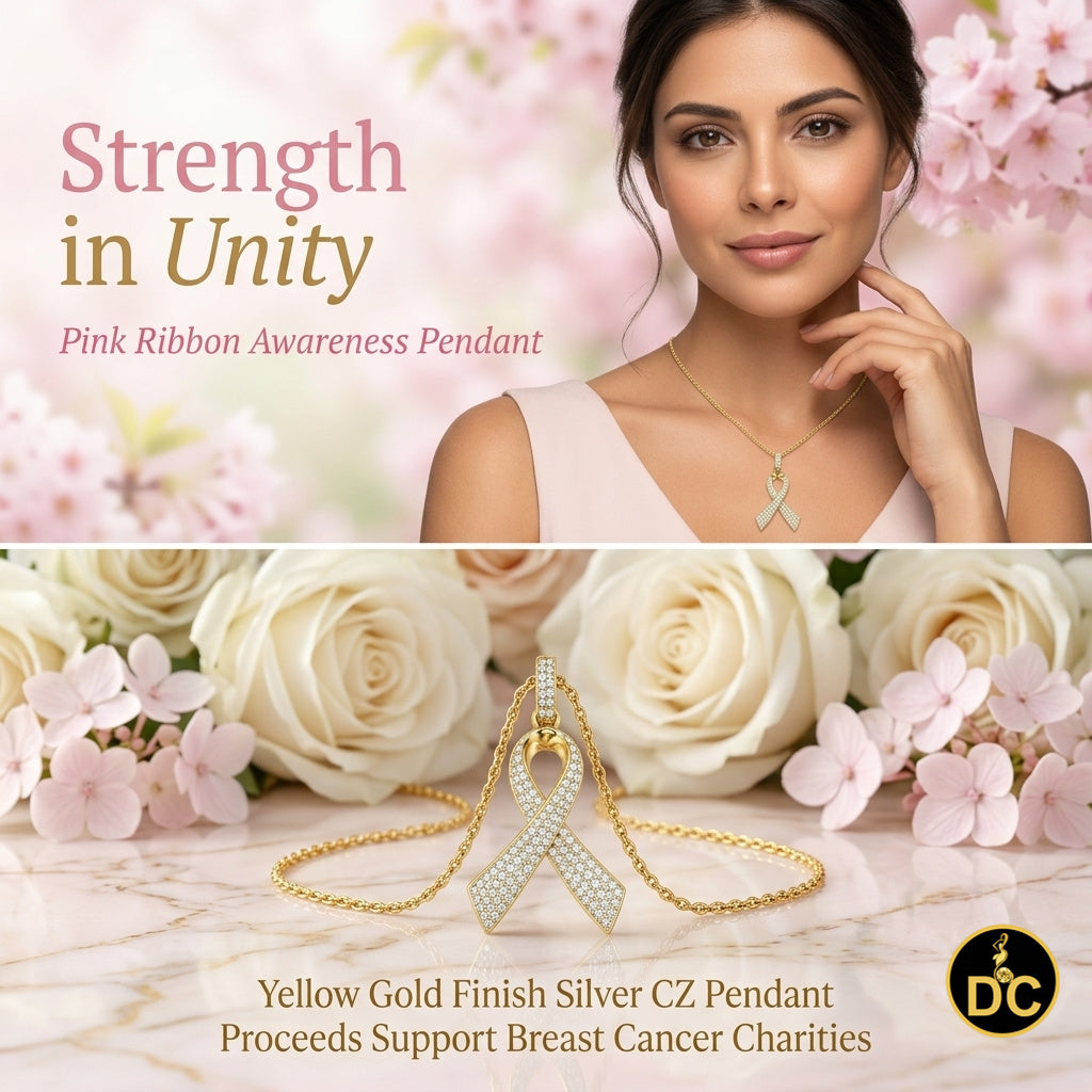 DiamondCelebritees 925 Silver Yellow Clear 0.50ct CZ Hope Ribbon Pendant for Breast Cancer Support