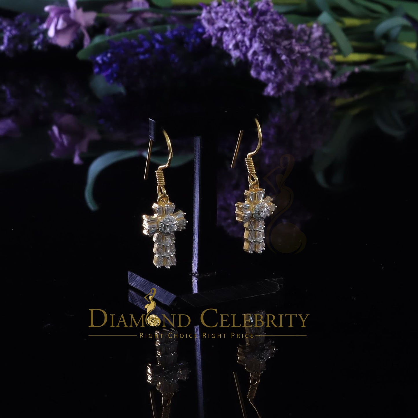 DiamondCelebritees 1.00ct Moissanite Yellow 925 Silver Women's Dangling Cross Fish Hook Earrings