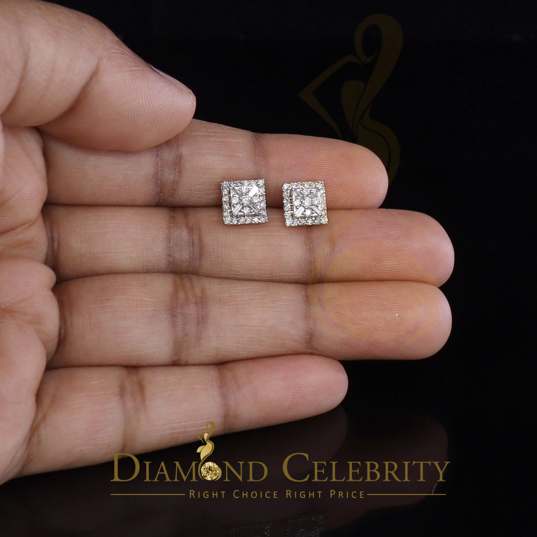 DiamondCelebritees 0.75 CT Real Diamond with 10K Real Yellow Gold Square Stud Earrings