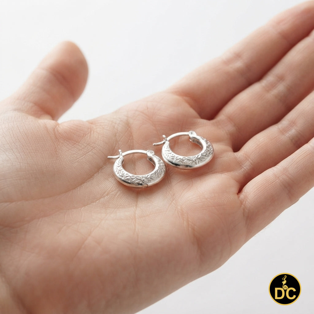 925 Sterling Silver Vintage or Ethnic-Style Filigree Floral 15mm Hoop Earrings