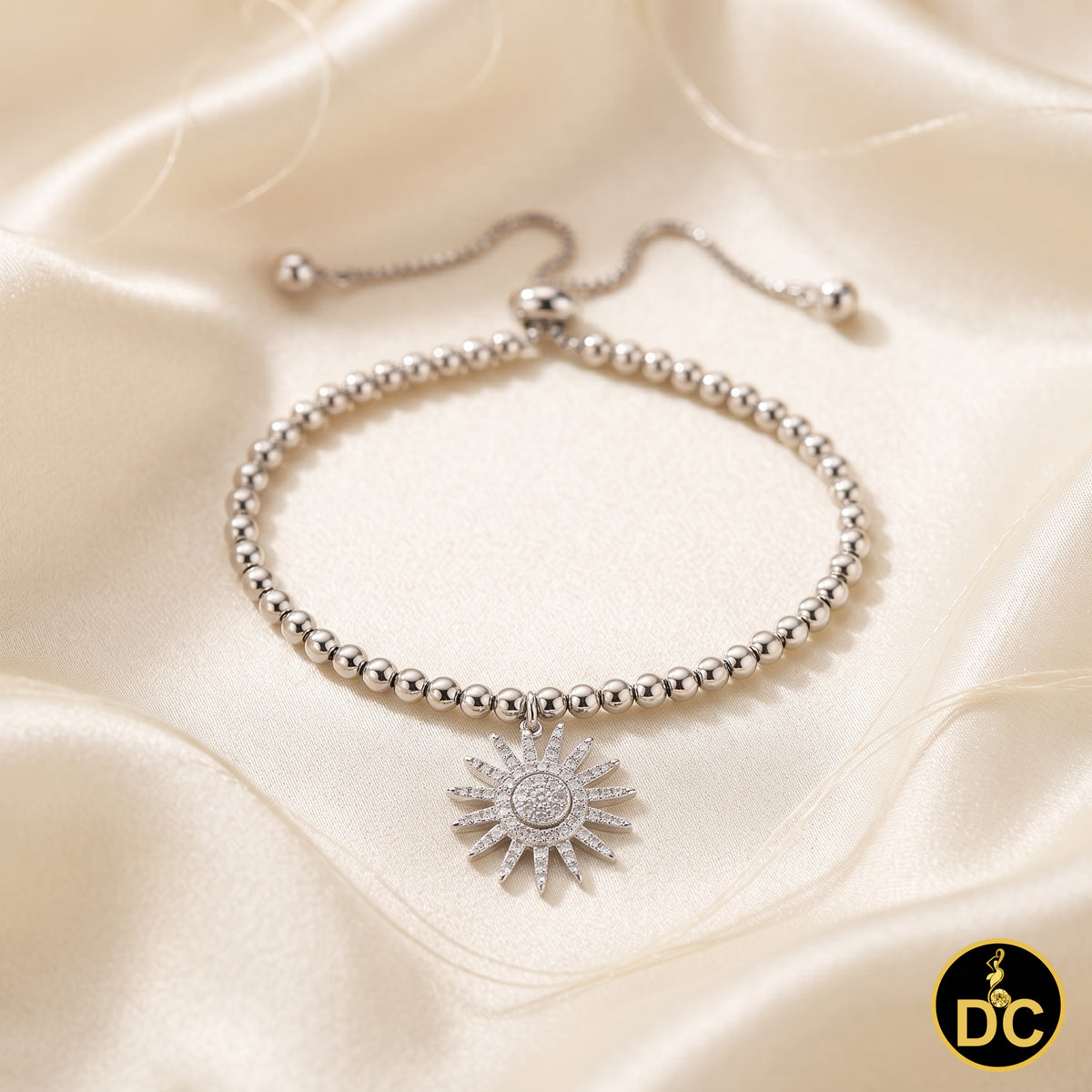 Diamondcelebritees 925 Sterling Silver Cubic Zirconia Sun Shape White Bracelet Adjustable SZ 7 Inch