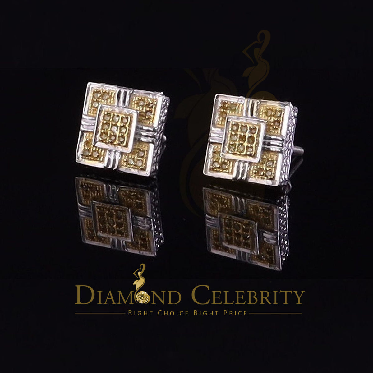 King Of Bling's 0.15ct Round Yellow Diamond 3D Square Earring 925 Sterling White Silver for men