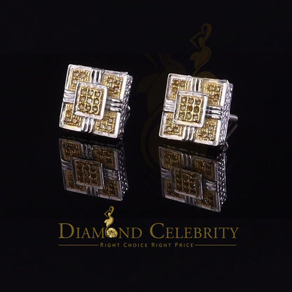 King Of Bling's 0.15ct Round Yellow Diamond 3D Square Earring 925 Sterling White Silver for men