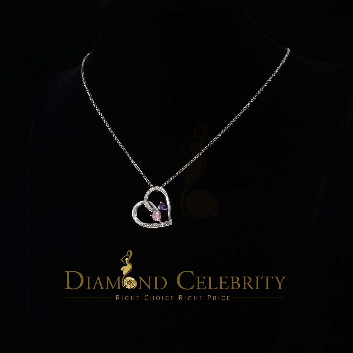 DiamondCelebritees  Two Stones Pink Blue Heart Solitaire 0.1ct Silver Diamonds White Charm Pendant