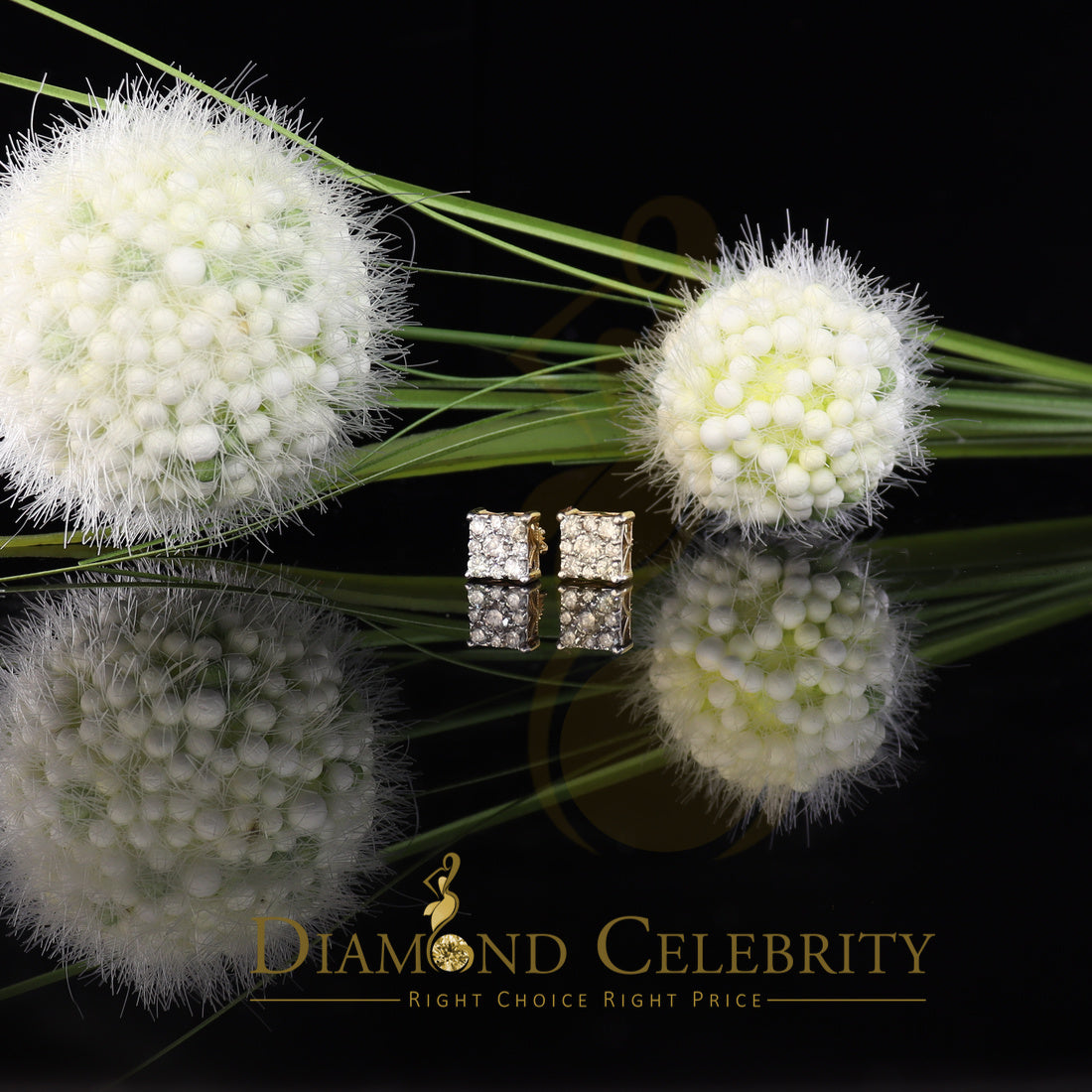 DiamondCelebritees 10K Real Yellow Gold with Real 1.50ct Diamonds Square Stud Earrings