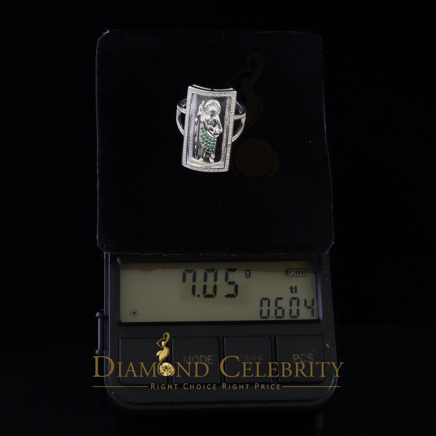 DiamondCelebritees 925 Sterling Silver St. Jude Green CZ White Religious Women's Ring Size 8.5