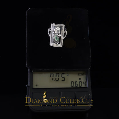 DiamondCelebritees 925 Sterling Silver St. Jude Green CZ White Religious Women's Ring Size 8.5