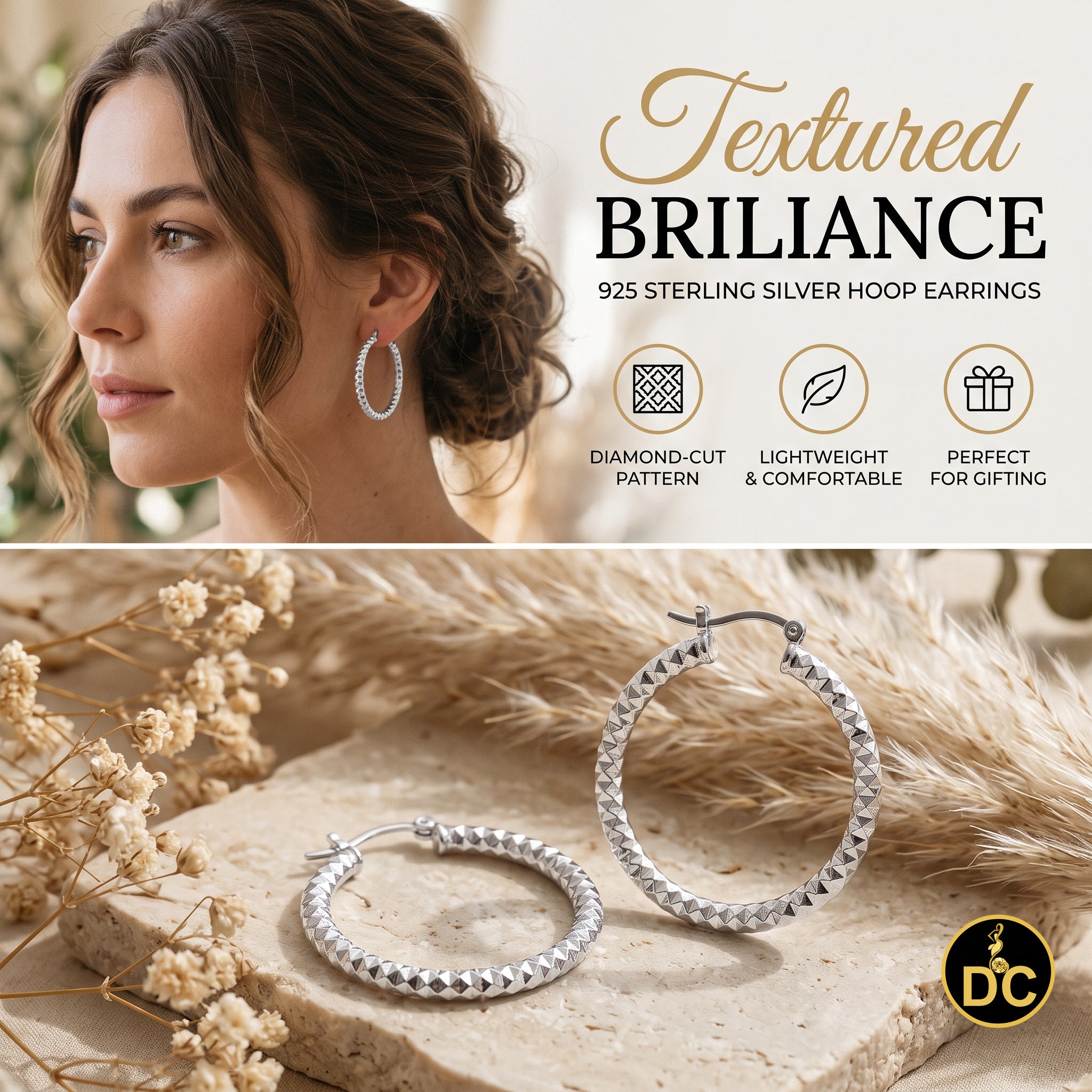 925 Sterling Silver Diamond-Cut Shimmering Honeycomb Textured 19mm Hoop Earrings