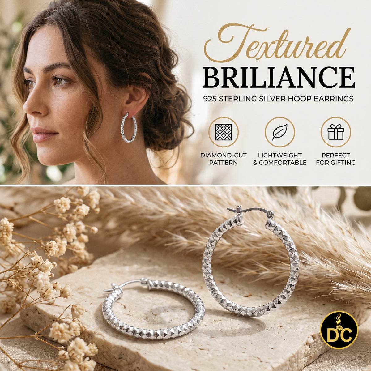 925 Sterling Silver Diamond-Cut Shimmering Honeycomb Textured 19mm Hoop Earrings