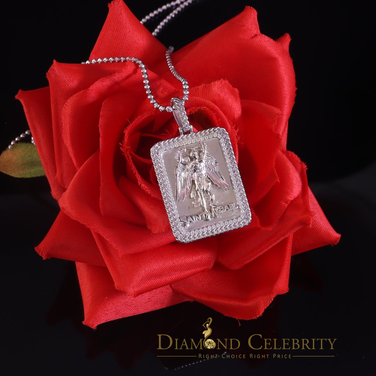 DiamondCelebritees Men's 925 Silver 0.66ct CZ Square SAINT MICHEAL White 1.00 inch 3D Pendant