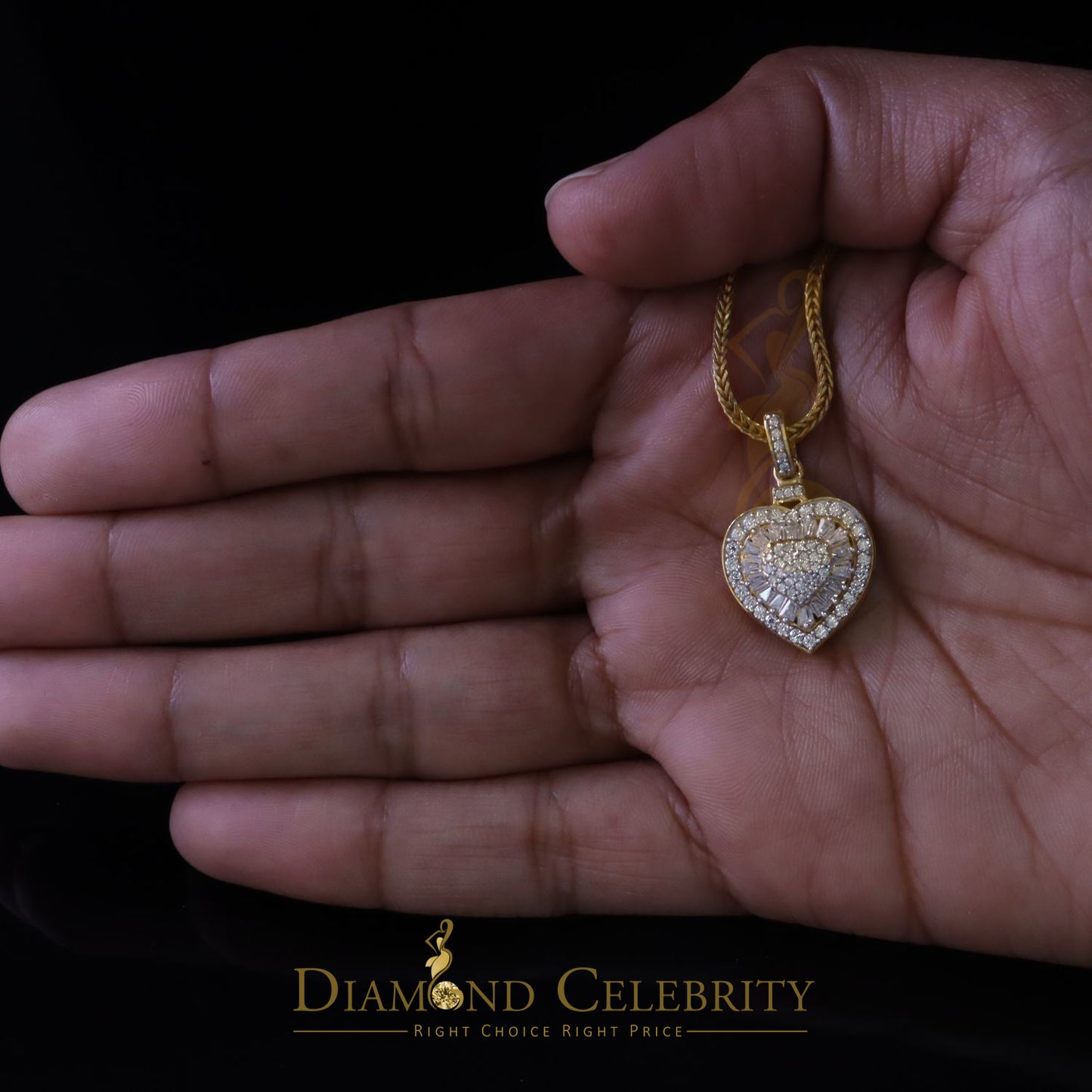Diamondcelebritees Moissanite Women's Heart Pendant Bagutte & Rd 925 Yellow Silver 1.00ct VVS D