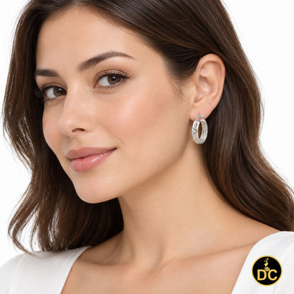 925 Sterling Silver Shiny Diamond-Cut Wide Reflective Textured 18mm Hoop Earring