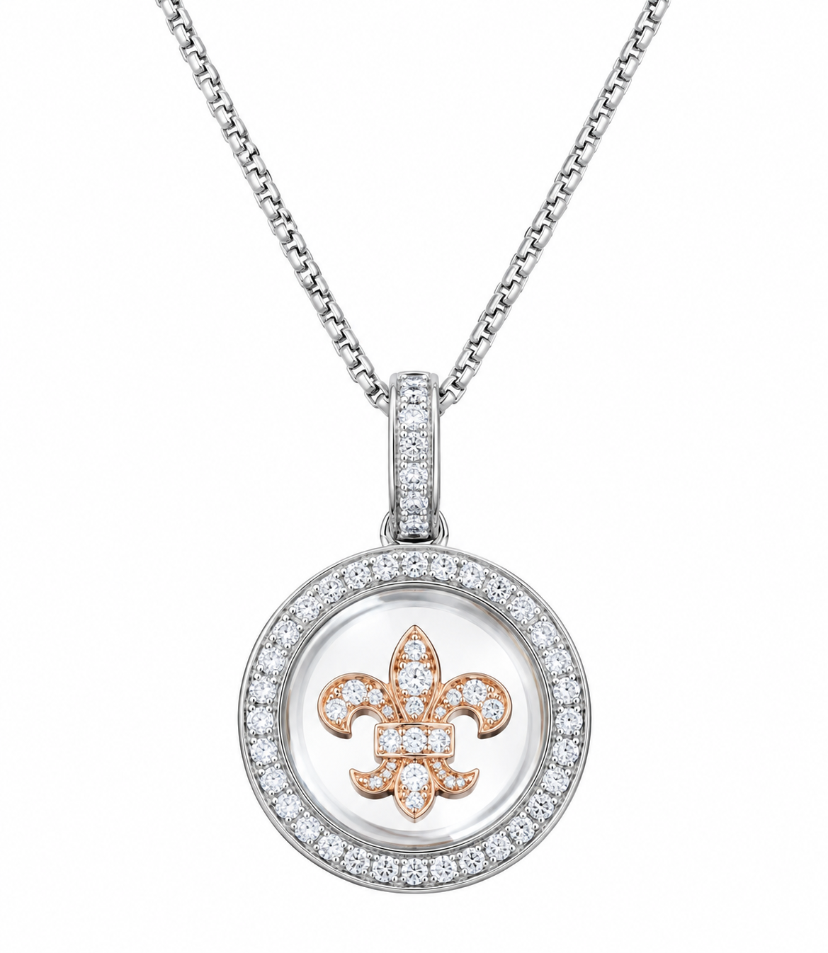 DiamondCelebritees 925 White Sterling Silver Small Fleur-de-Lis Floating Glass Cubic Zircon Pendat