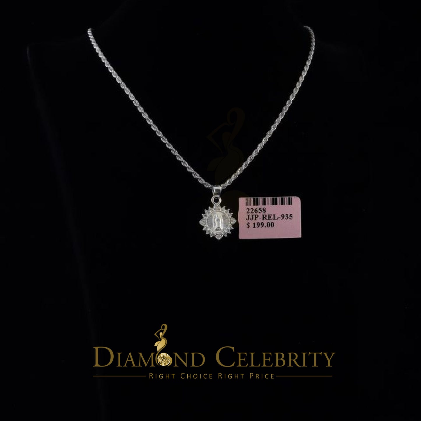 DiamondCelebritees 925 Sterling Silver Circle Lady Guadalupe Men's/Women's Pendant White Religious