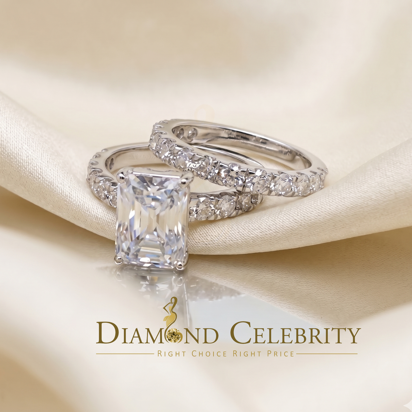DiamondCelebritees 925 Silver Mens/Women Bridal Rings Emerald Shape Size 8 White 7.00ct Moissanite