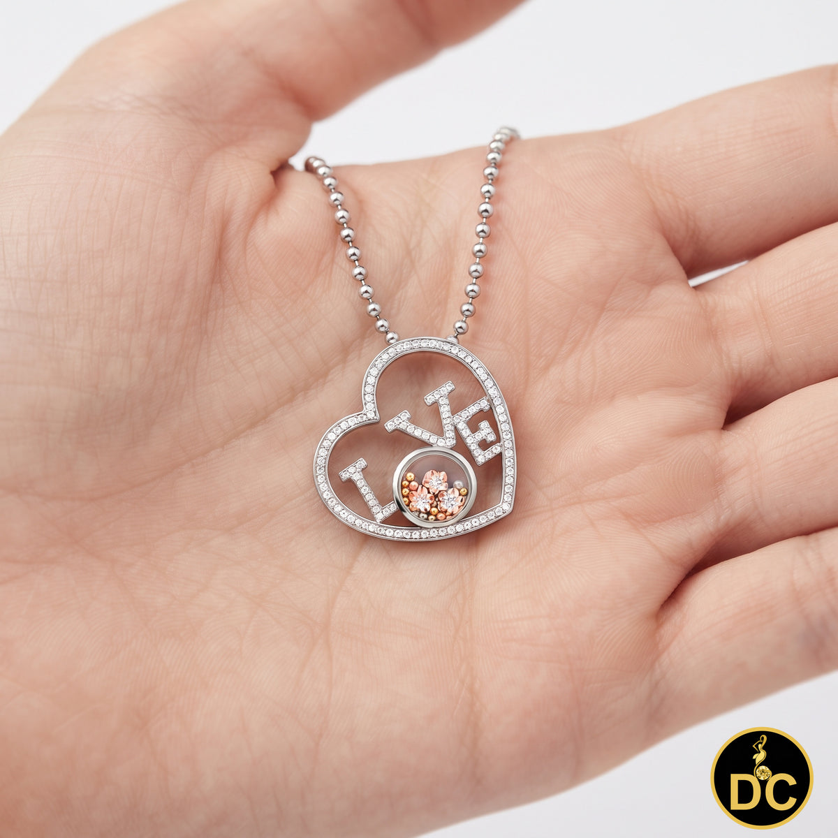 DiamondCelebritees 925 White Sterling Silver LOVE IN HEART Floating Bead Glass CZ Slide Pendant