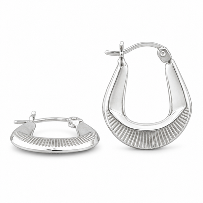 925 Silver Wide Sunburst Ribbed Scalloped Polished U shaped 17mm Hoop Earrings