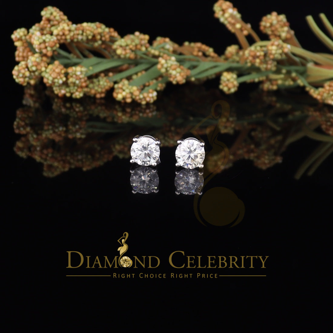 DiamondCelebritees 10k Real White Gold with 3.00ct Round VVS 'D' Color Moissanite Stud Earrings