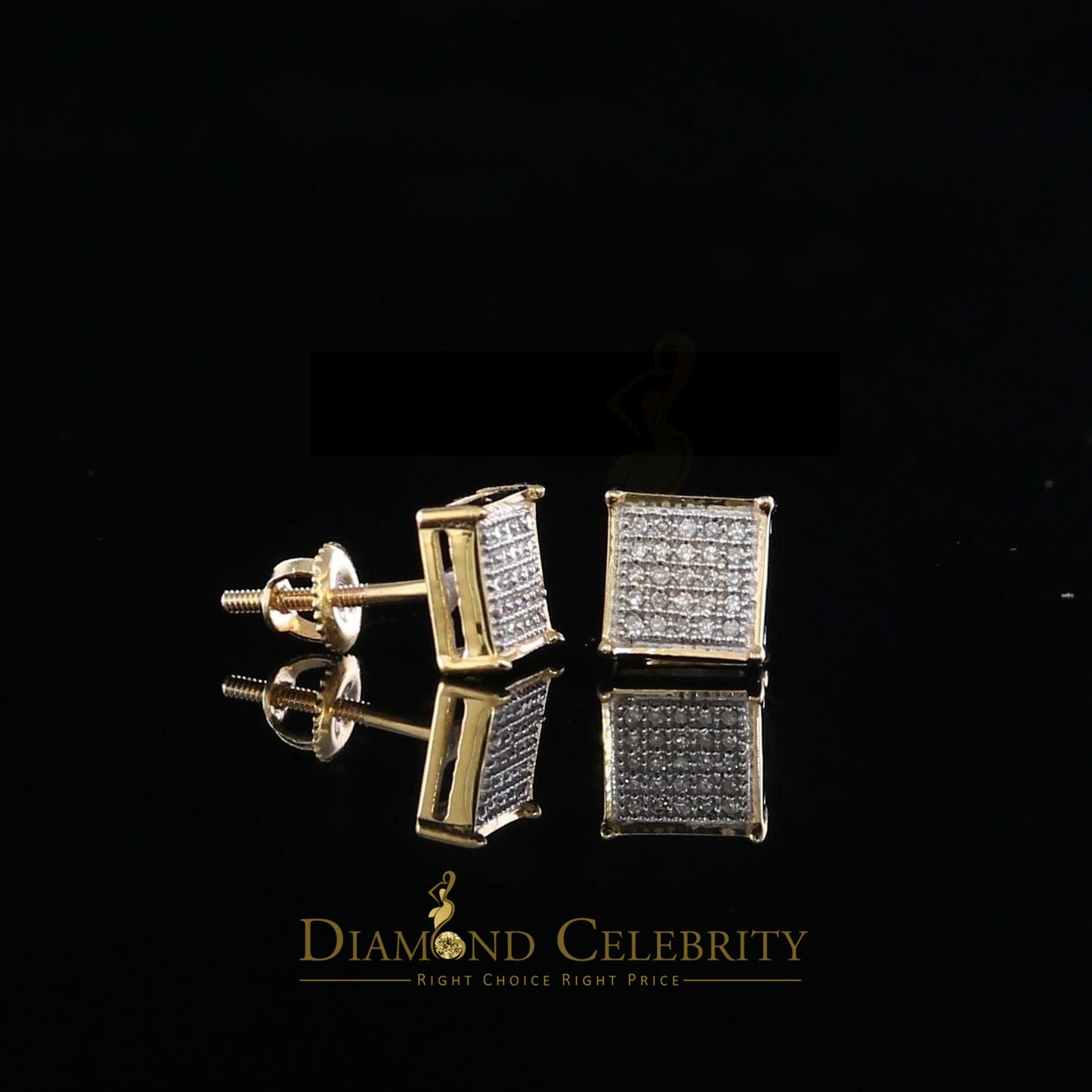 DiamondCelebritees Real 10k Yellow Gold Square Stud Earrings with 0.15CT Real Diamonds