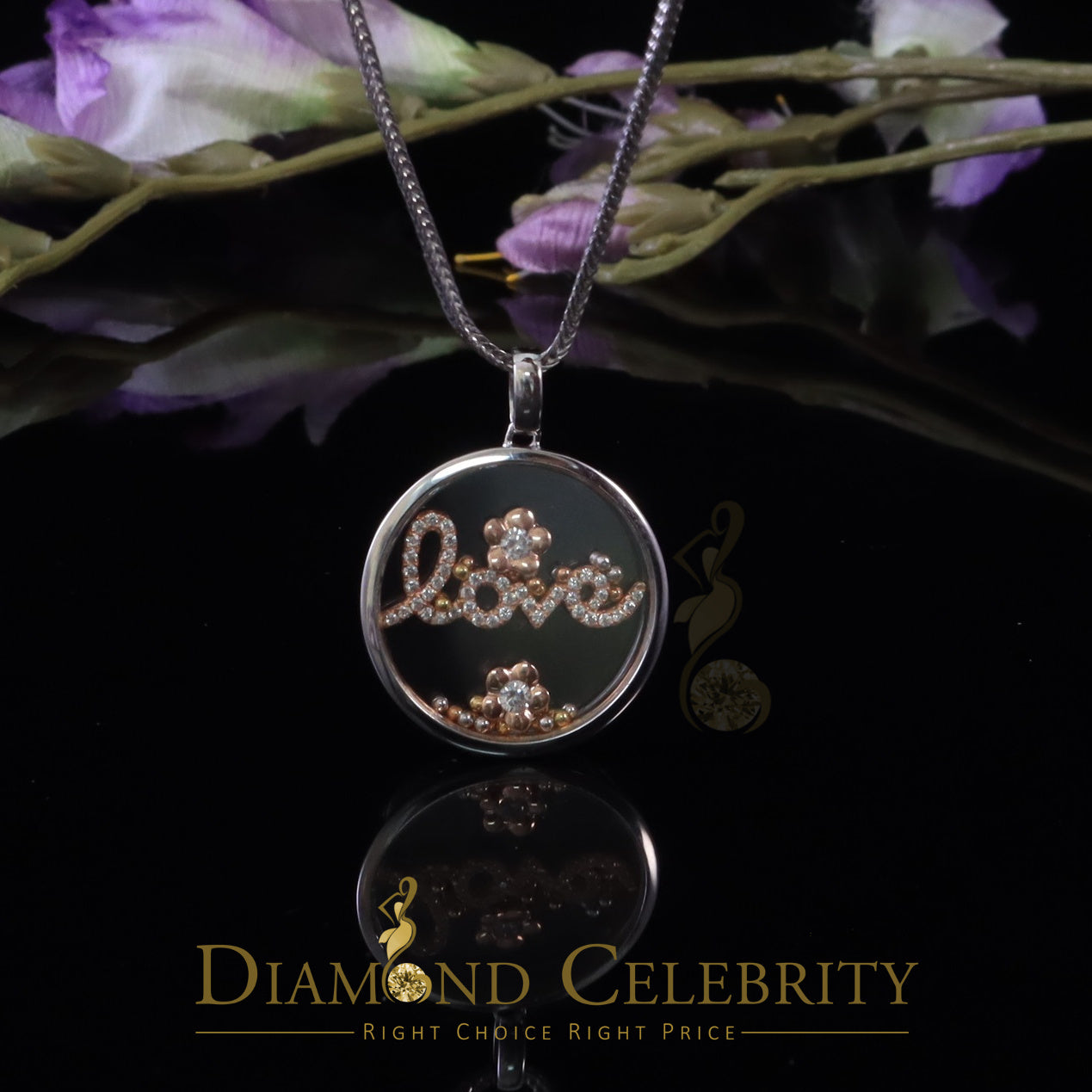 DiamondCelebritees Beautiful White Sterling Silver Charming LOVE Round Pendant with Cubic Zirconia