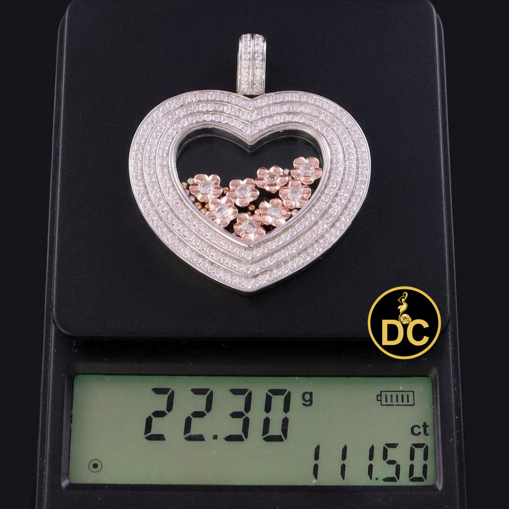 DiamondCelebritees 925 White Silver Heart Floating Flower /Bead in a Glass Cubic Zirconia Pendant
