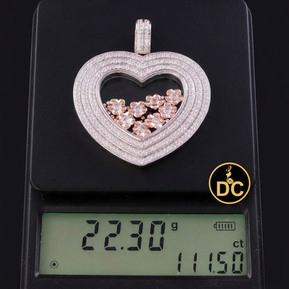 DiamondCelebritees 925 White Silver Heart Floating Flower /Bead in a Glass Cubic Zirconia Pendant