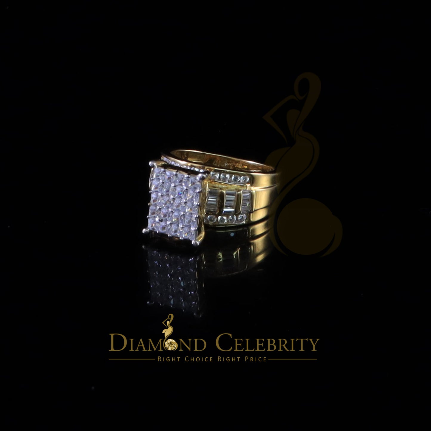 DiamondCelebritees 925 Sterling Yellow Silver Square 1.75 ct Cubic Zirconia Womens Ring Size 8