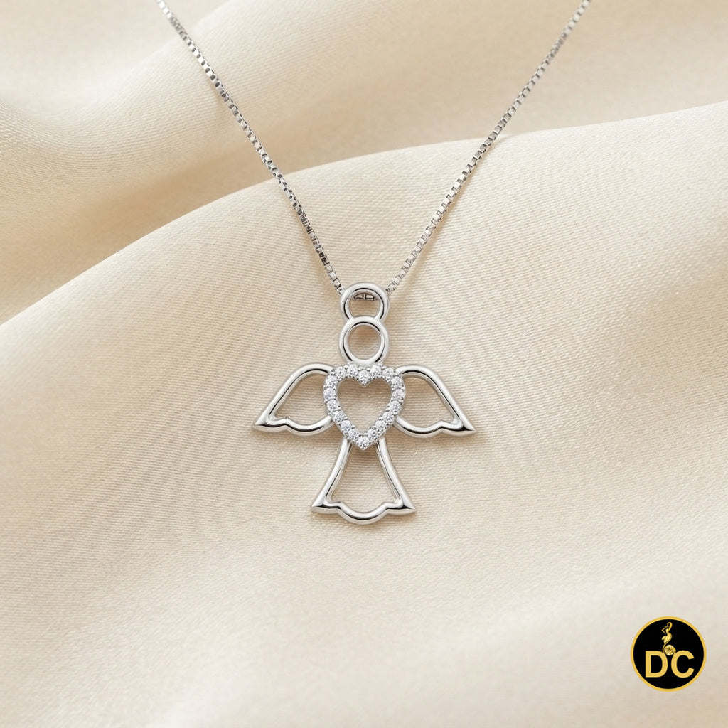 DiamondCelebritees  925 Silver White Heart-Shaped Guardian Angel Pendant W/ Real 0.05CT Diamond