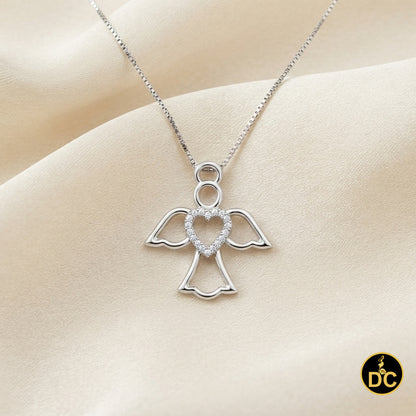 DiamondCelebritees  925 Silver White Heart-Shaped Guardian Angel Pendant W/ Real 0.05CT Diamond