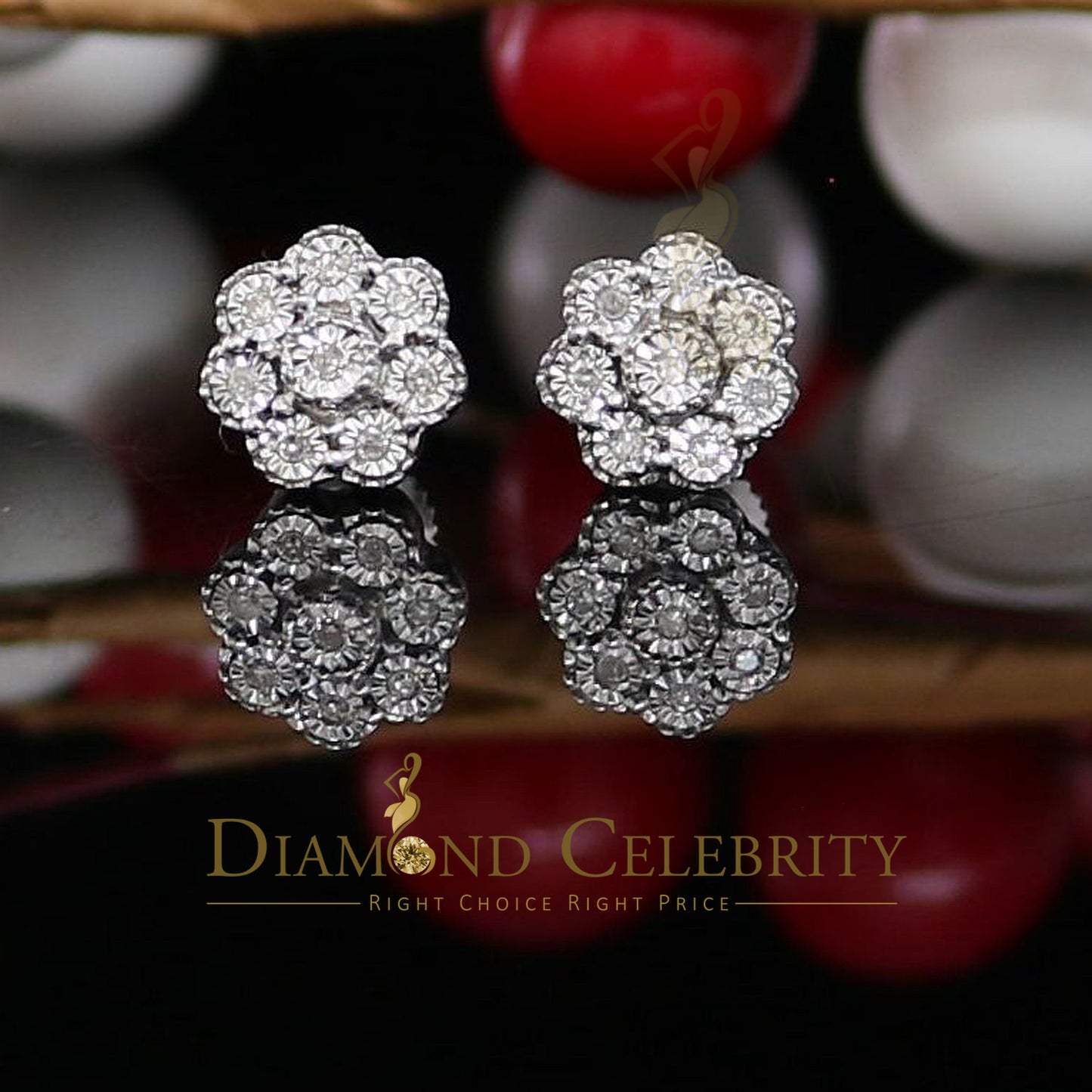 DiamondCelebritees 0.03ct Diamond 925 Sterling Silver White Floral Earrings For Men's & Women's