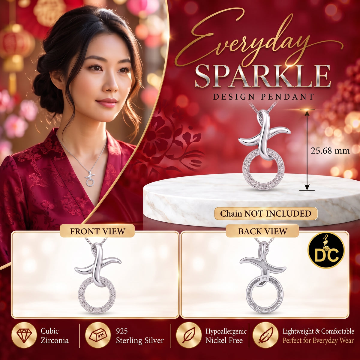 DiamondCelebritees 925 Sterling Silver White featuring HUG & KISS Shape 1inch 0.21ct CZ XO Pendant