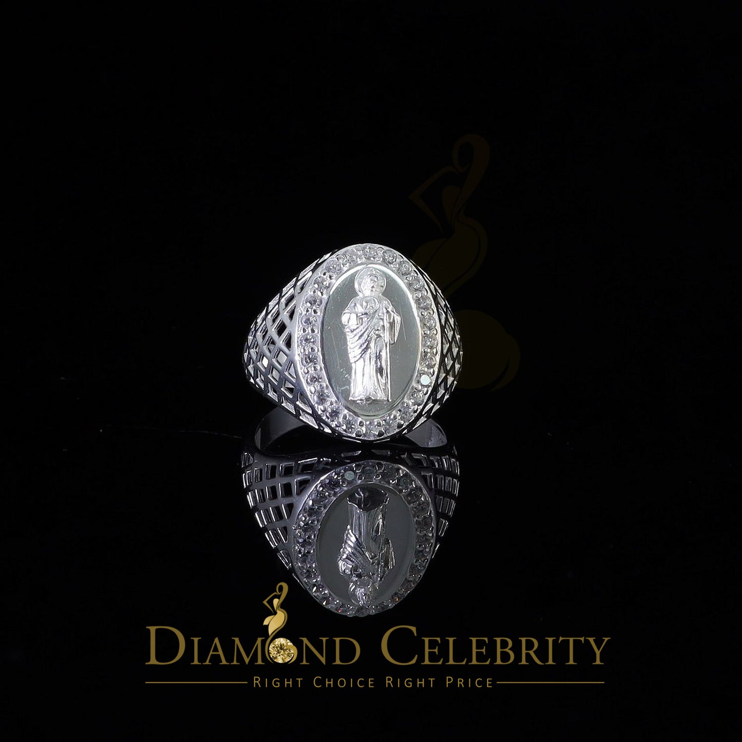 DiamondCelebritees White Oval Shape CZ 925 Sterling Silver St Jude Fancy Women's Religious Ring SZ 6.5