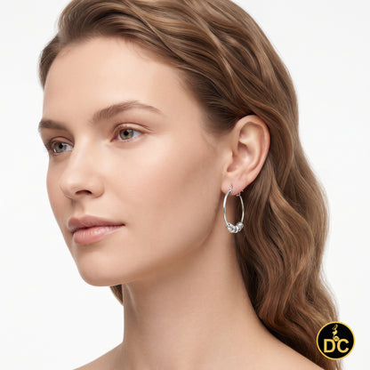 925 Silver Textured Diamond cut Chevron-Pattern Sliding Bead 27mm Hoop Earring
