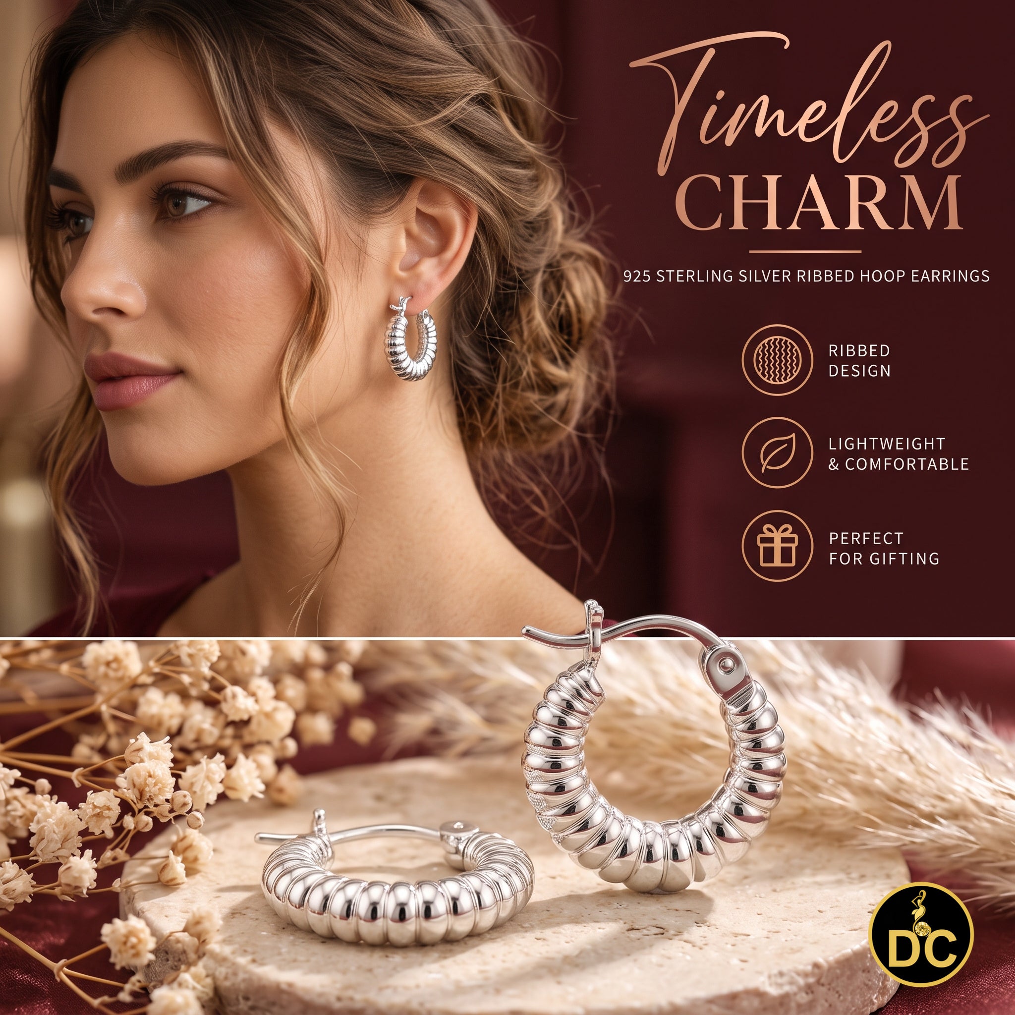 925 Silver Tubular Ribbed Round Croissant Shape Tubogas-Style 15mm Hoop Earrings
