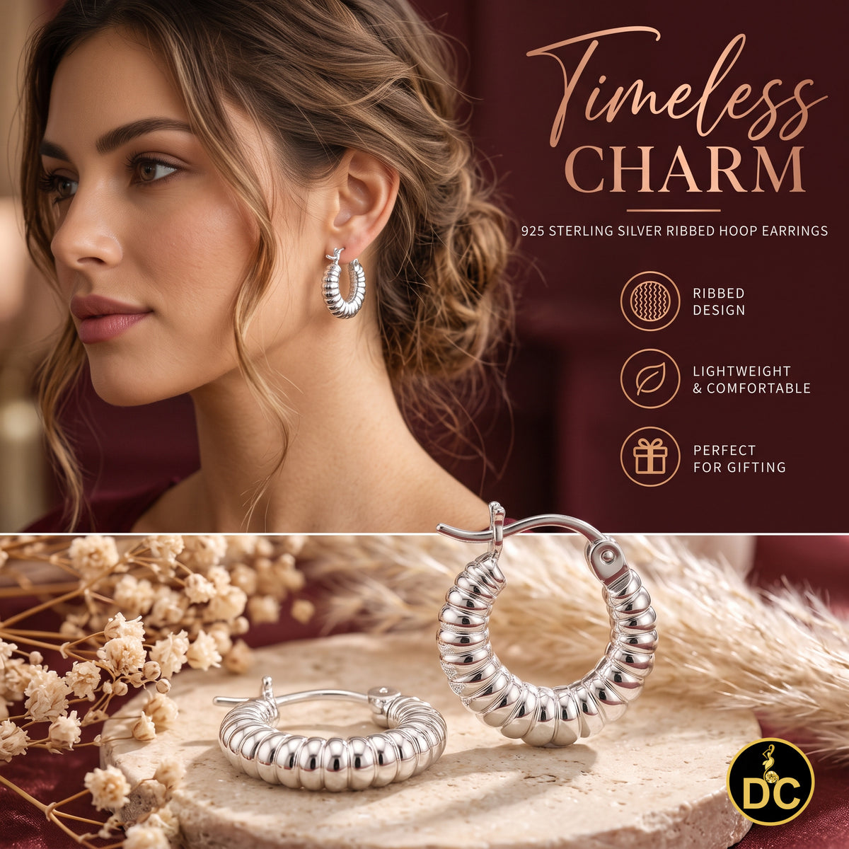 925 Silver Tubular Ribbed Round Croissant Shape Tubogas-Style 15mm Hoop Earrings