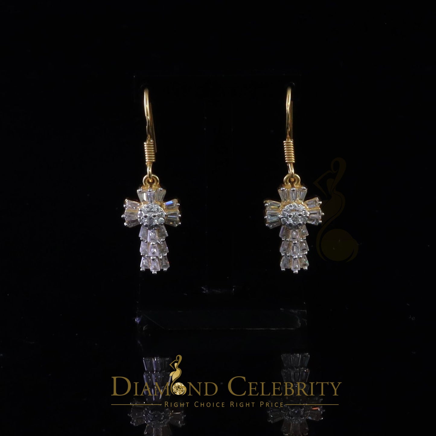 DiamondCelebritees 1.00ct Moissanite Yellow 925 Silver Women's Dangling Cross Fish Hook Earrings