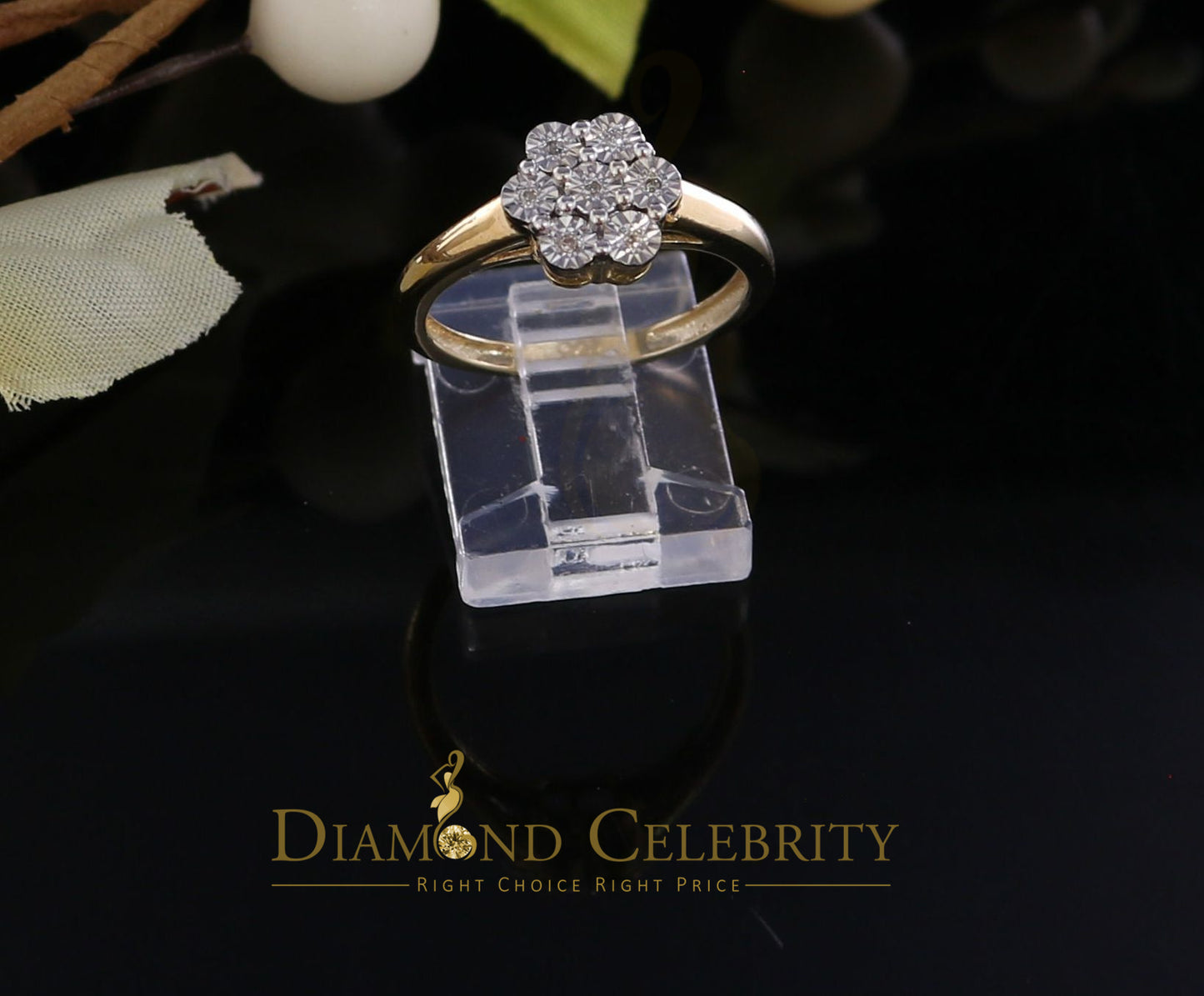DiamondCelebritees Real Diamond 0.05ct Engagement Womens 925 Silver Yellow Ring Flower Shape Size 7
